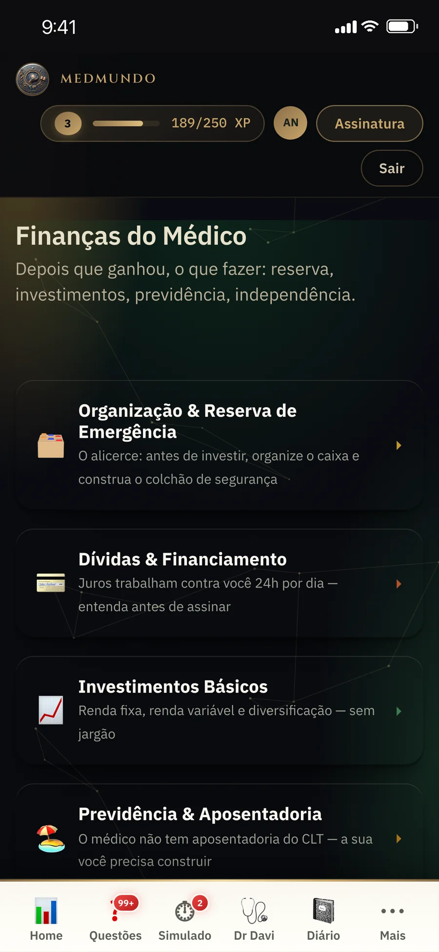 Tela real de Finanças do Médico no app MedMundo